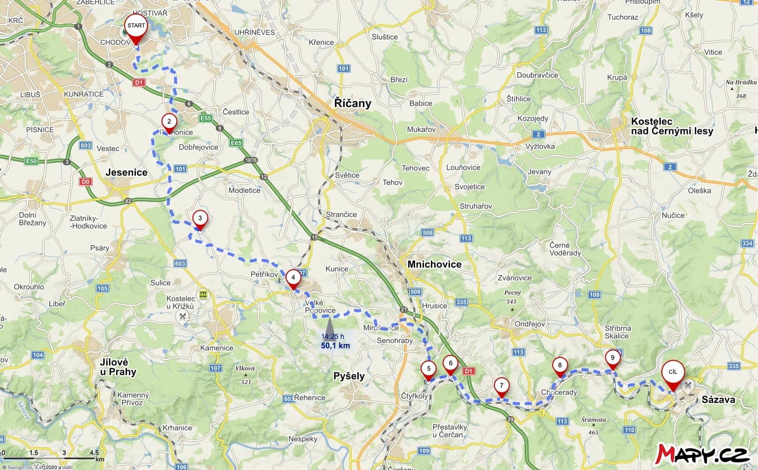Trasa Sázavské padiny na mapě